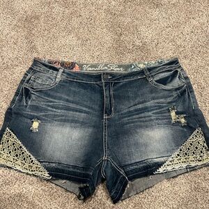 Vanilla Star Dark Blue Denim Shorts with Crochet Trim